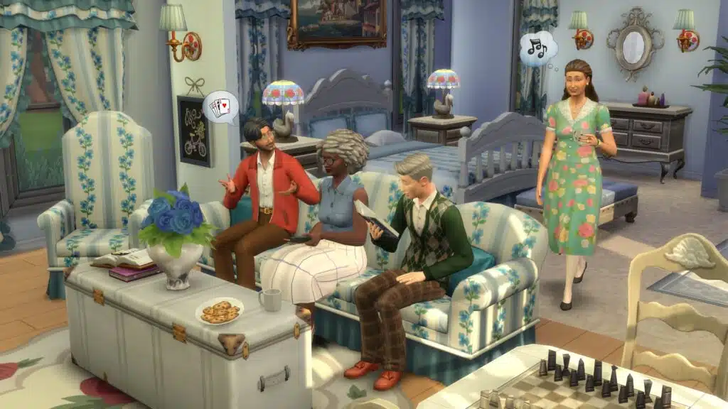 Elder Sims relaxing in a vintage living room showcasing free CAS clothing and Cozy Nooks Build Mode furniture in The Sims 4 October 2026 update