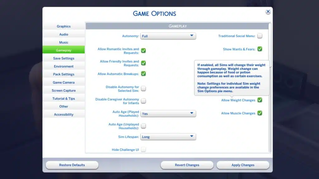 The Sims 4 Game Options menu showing the new Allow Weight Changes and Allow Muscle Changes gameplay toggles
